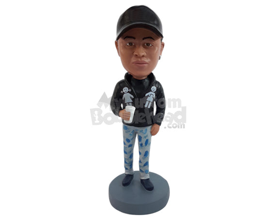 Nice guy wearing an awesome jacket and printed jeans, having a cup of coffee Personalized Bobblehead