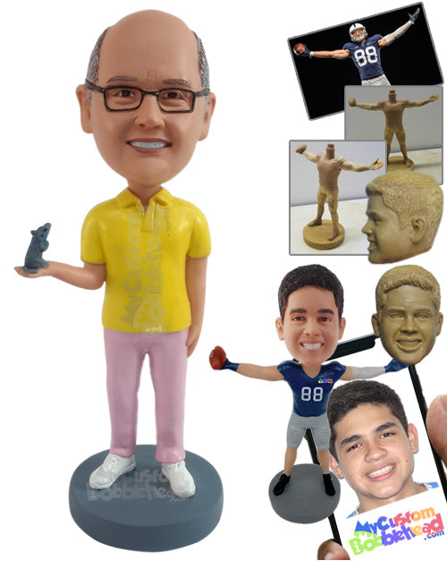 Happy Man Wearing Colorful Clothes, Holding His Cat in One Hand Personalized Bobblehead