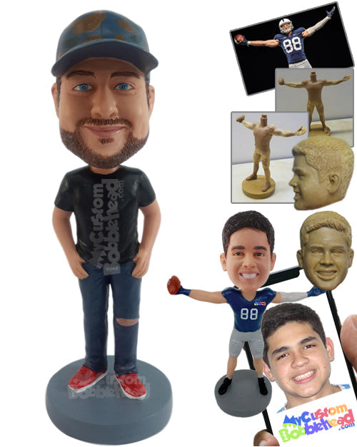 Handsome Dude Wearing T-shirt, Ripped Jeans, and Fashionable Shoes Personalized Bobblehead