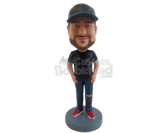 Handsome Dude Wearing T-shirt, Ripped Jeans, and Fashionable Shoes Personalized Bobblehead