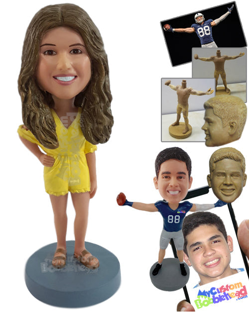 Beautiful Girl Wearing a Beautiful One-Piece Outfit and Sandals Personalized Bobblehead