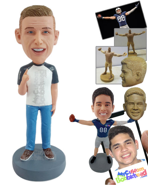 Male raising one hand to give his idea, wearing nice clothes Personalized Bobblehead