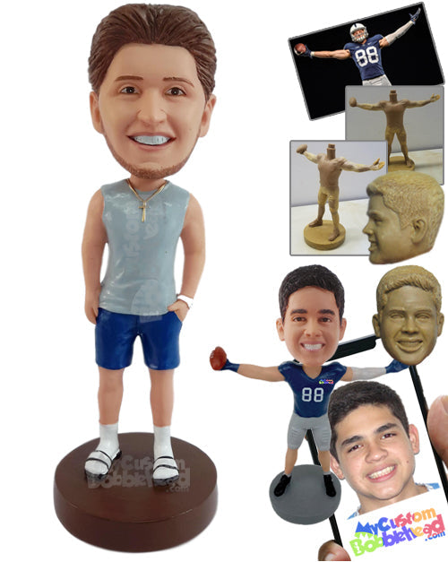 Good-looking Dude Wearing a Sleeveless Shirt, Shorts, Slide-in Sandals, and Socks, with One Hand in Pocket Personalized Bobblehead