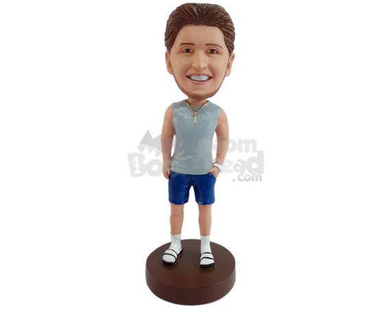 Good-looking Dude Wearing a Sleeveless Shirt, Shorts, Slide-in Sandals, and Socks, with One Hand in Pocket Personalized Bobblehead