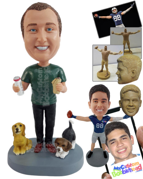 Friendly Dude Having a Delicious Snack, Wearing Round Neck T-shirt, Pants, and Good-looking Shoes Personalized Bobblehead