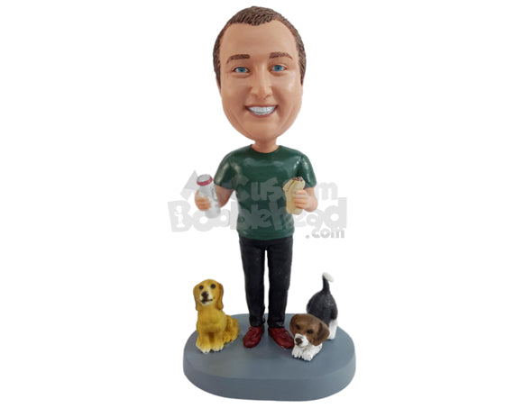 Friendly Dude Having a Delicious Snack, Wearing Round Neck T-shirt, Pants, and Good-looking Shoes Personalized Bobblehead