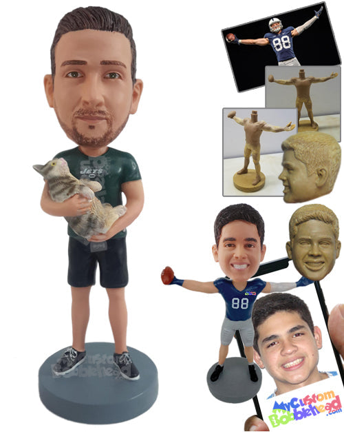 Animal Lover Guy Holding Cute Cat in Arms Personalized Bobblehead