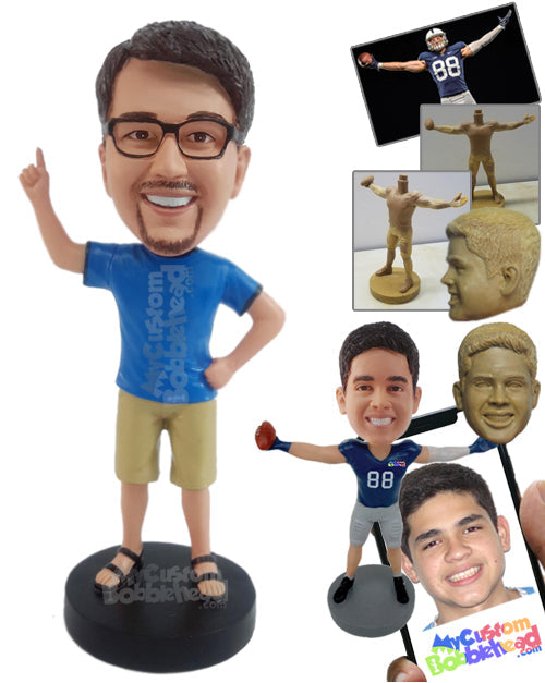 Nice guy cheering for his team with one hand up and one hand on hip Personalized Bobblehead