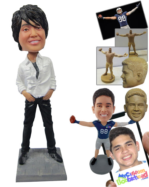 Dashing Guy in Rockstar Pose with a Killer Hairstyle Personalized Bobblehead