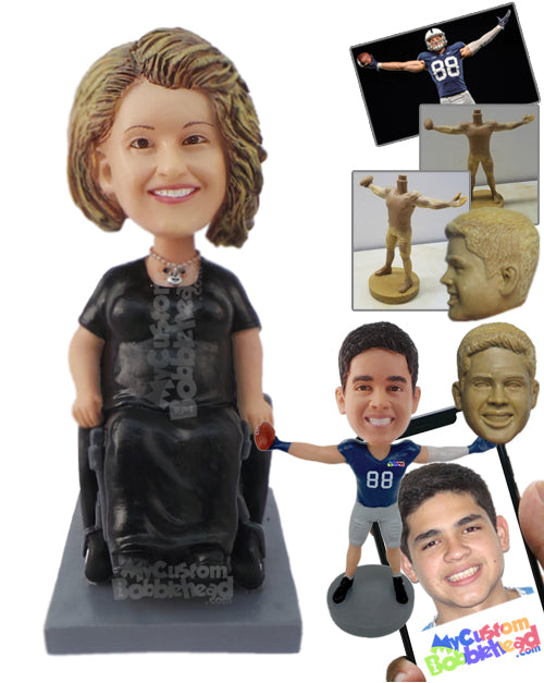 Gorgeous Fancy-looking Woman Wearing an Elegant Dress, Sitting on a Wheelchair Personalized Bobblehead