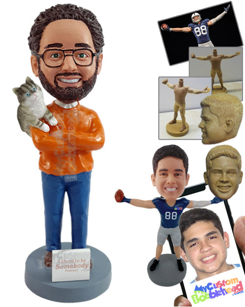 Fancy Looking Man Wearing a Nice Sweatshirt with a Lovely Cat Hanging on the Shoulder Personalized Bobblehead