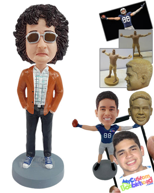 Cool Looking Man with a Rocking Jacket and Both Hands Inside Pockets Personalized Bobblehead