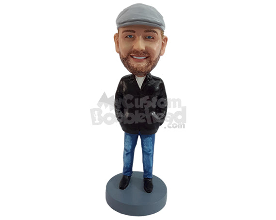 Custom Bobblehead Happy man on a cold day with a cool jacket, jeans and shoes - Leisure & Casual Casual Males Personalized Bobblehead & Action Figure