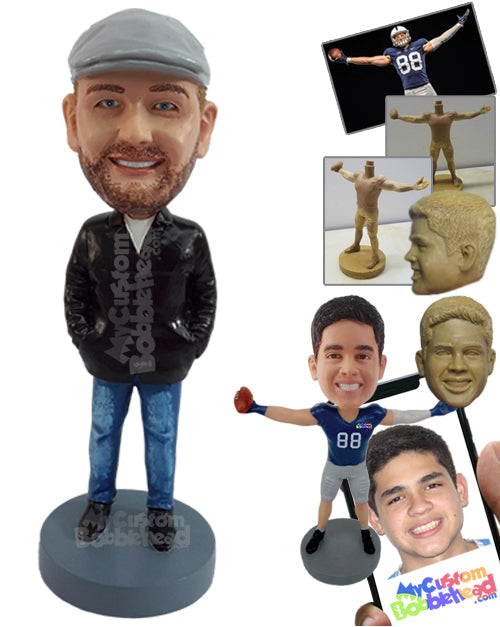 Happy Man on a Cold Day with a Cool Jacket, Jeans, and Shoes Personalized Bobblehead