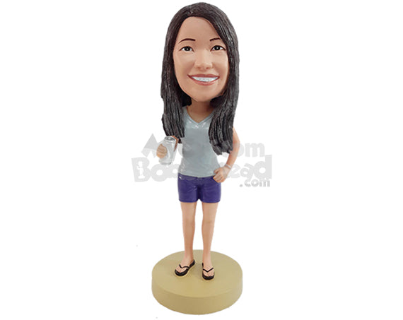 Custom Bobblehead Relaxed girl  having a beer sip using a v-neck shirt, shorts and sandals - Leisure & Casual Casual Females Personalized Bobblehead & Action Figure