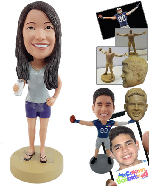 Relaxed girl having a beer sip, wearing a v-neck shirt, shorts, and sandals Personalized Bobblehead