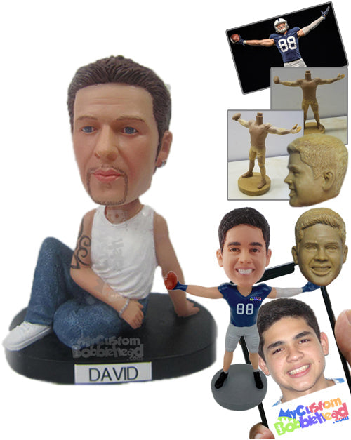 Handsome Hunk Sitting with a Cool Tattoo and Bracelet Personalized Bobblehead