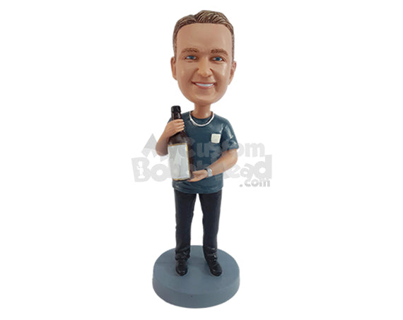 Custom Bobblehead Happy dude wearing nice clothes holding huge bottle of champagne - Leisure & Casual Casual Males Personalized Bobblehead & Action Figure