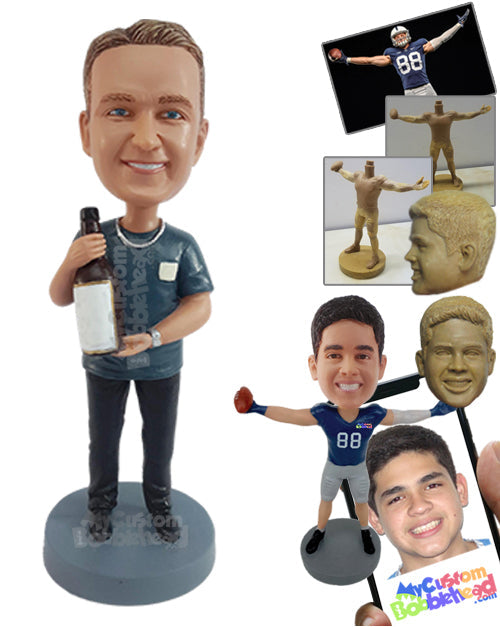 Happy Dude Wearing Nice Clothes Holding Huge Bottle of Champagne Personalized Bobblehead