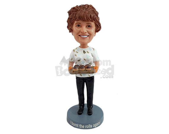 Custom Bobblehead Dazzling lady holding a tray of burnt freshly baked rolls - Leisure & Casual Casual Females Personalized Bobblehead & Action Figure