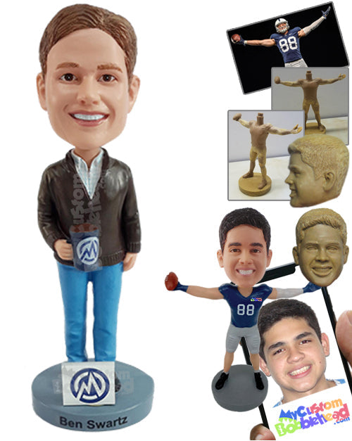 Happy Working Fella Ready to Start a Great Day with a Hot Coffee Cup Personalized Bobblehead