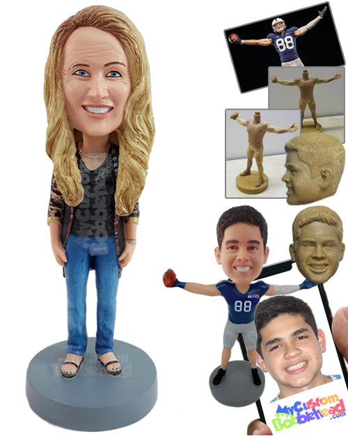 Relaxed woman wearing a beautiful jacket, shirt, and sandals Personalized Bobblehead