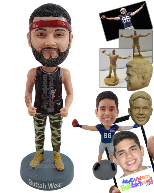 Muscular guy cheering for his team, wearing a nice tank top, combat pants, and boots Personalized Bobblehead