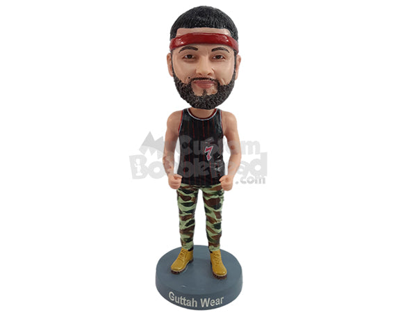 Muscular guy cheering for his team, wearing a nice tank top, combat pants, and boots Personalized Bobblehead