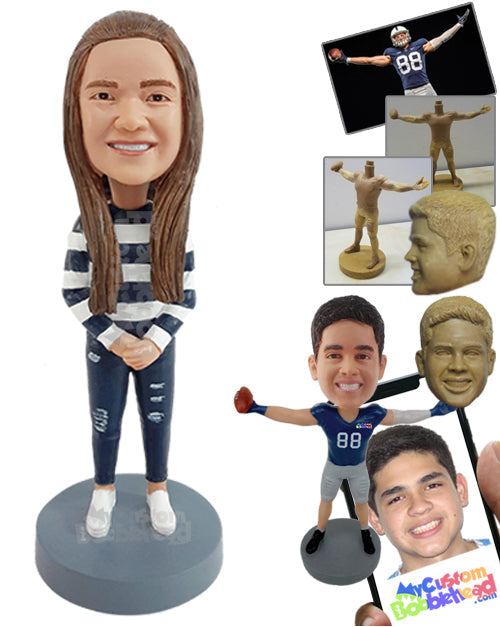 Nice girls wearing a beautiful sweatshirt, with ripped jeans and cool shoes, with hands crossed Personalized Bobblehead