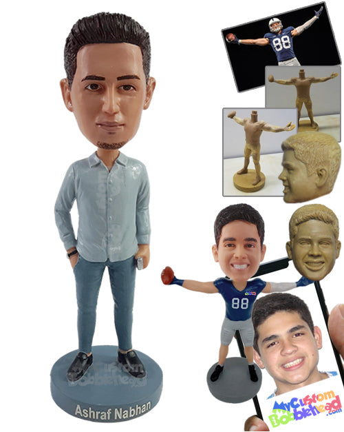 Dashing Dude with a Nice Long Sleeve Shirt with Nice Loafers Holding a Cellphone on One Hand and the Other Inside the Pocket Personalized Bobblehead