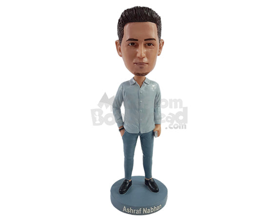 Dashing Dude with a Nice Long Sleeve Shirt with Nice Loafers Holding a Cellphone on One Hand and the Other Inside the Pocket Personalized Bobblehead