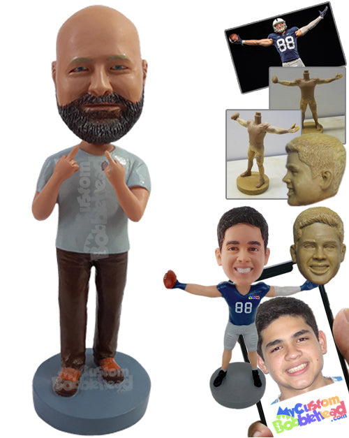 Naughty man showing off fingers, wearing a shirt, pants, and steel-toe boots Personalized Bobblehead