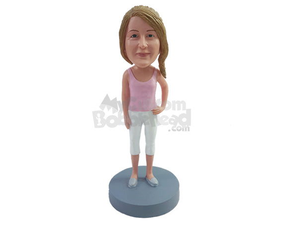 Cute Girl Wearing a Thin Strap Tank Top with Capri Pants and Slide-Ins Personalized Bobblehead