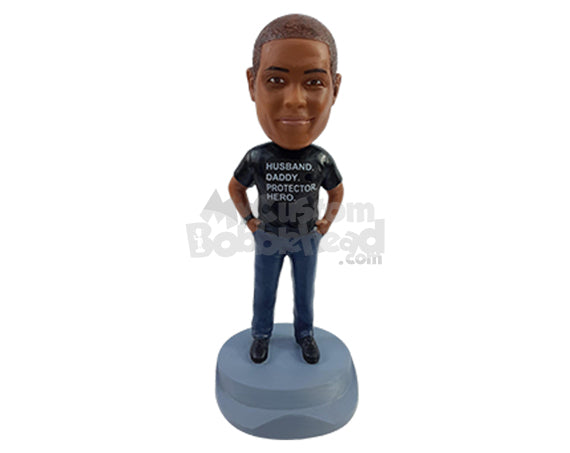 Custom Bobblehead Great guy wearing a lovely shirt with hands in pockets with a phone holder on the base - Leisure & Casual Casual Males Personalized Bobblehead & Action Figure