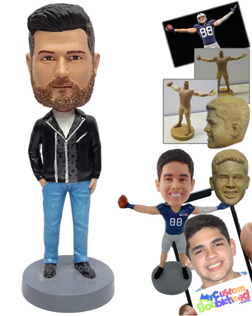 Rocking guy wearing a nice leather jacket, hand in pocket, nice shoes Personalized Bobblehead