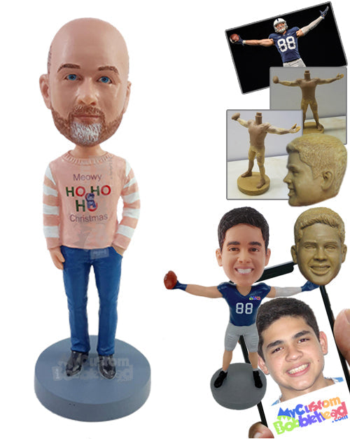 Cool Guy Wearing a Beautiful Christmas Sweater, Jeans, and Nice Dress Shoes Personalized Bobblehead