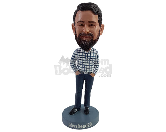 Custom Bobblehead Casual bro with nice plaid long sleeve shirt, cool jeans and belt - Leisure & Casual Casual Males Personalized Bobblehead & Action Figure