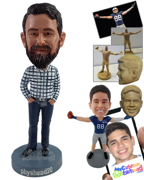 Casual Bro in Nice Plaid Long Sleeve Shirt, Cool Jeans, and Belt Personalized Bobblehead