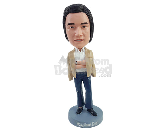 Custom Bobblehead Trendy and fashionable dude with a nice jacket over the crossed arms - Leisure & Casual Casual Males Personalized Bobblehead & Action Figure