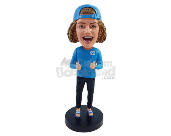 Custom Bobblehead Happy and exited dude with both thumbs up wearing nice clothes and slide-in sandals - Leisure & Casual Casual Males Personalized Bobblehead & Action Figure