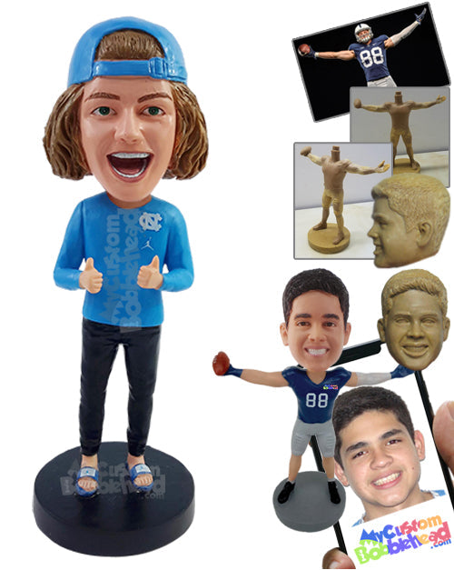 Happy and Excited Dude with Both Thumbs Up, Wearing Nice Clothes and Slide-in Sandals Personalized Bobblehead