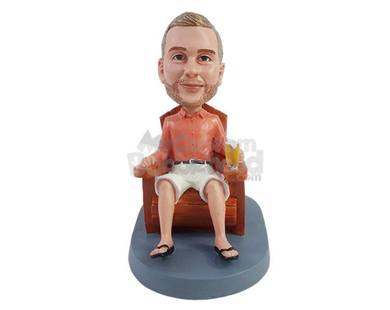 Custom Bobblehead Relaxed dude having a nice beer on a nice chair wearing a shirt, shorts and sandals - Leisure & Casual Casual Males Personalized Bobblehead & Action Figure