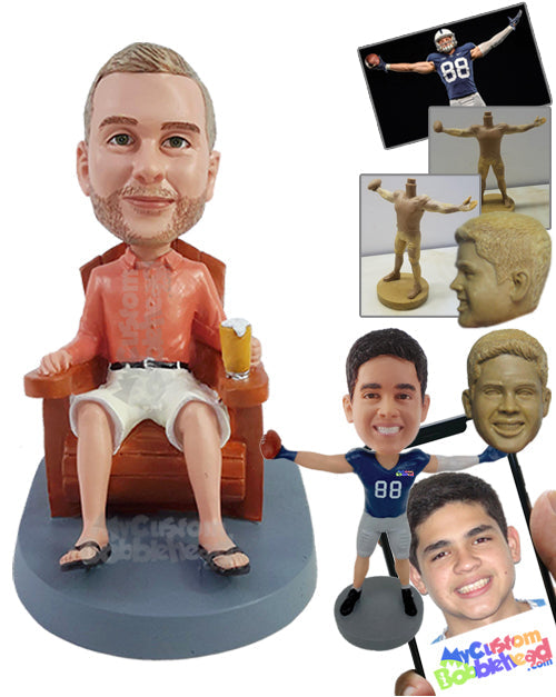 Relaxed dude having a nice beer on a chair, wearing a shirt, shorts, and sandals Personalized Bobblehead