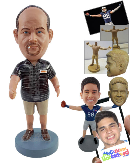 Angry-Looking Big Dude Giving Orders, Wearing Polo Shirt, Shorts, and Expensive Shoes Personalized Bobblehead