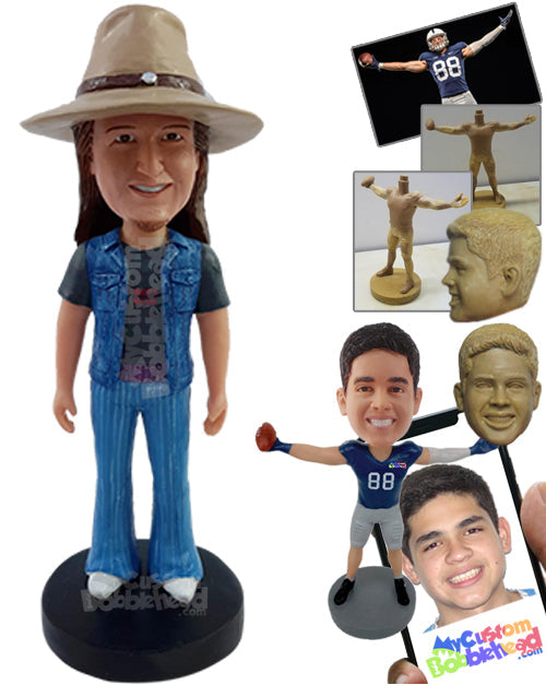 Extravagant Looking Dude in Baggy Pants and Nice Jean Vest Personalized Bobblehead