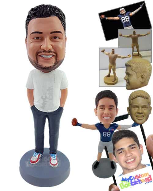 Nice dude with hands inside pockets, wearing round neck t-shirt, pants, and dope shoes Personalized Bobblehead