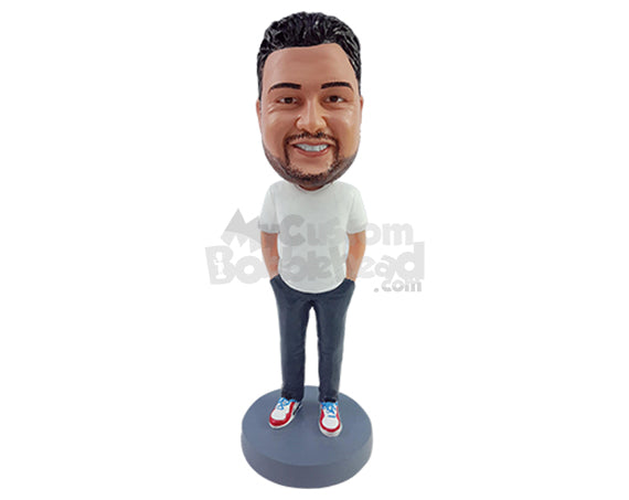 Nice dude with hands inside pockets, wearing round neck t-shirt, pants, and dope shoes Personalized Bobblehead