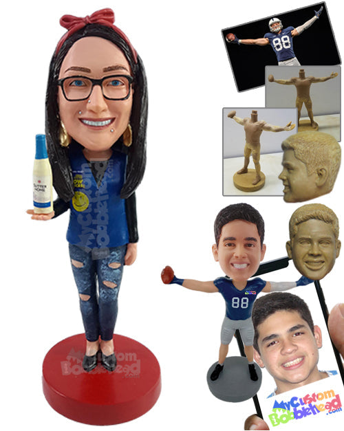 Cheery Vendor Wearing Nice Work Vest and Ripped Jeans, Holding a Wine Bottle Personalized Bobblehead