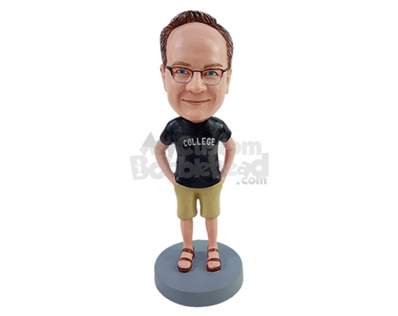 Custom Bobblehead Happy man wearing his school shirt, shorts and nice sandals with both hands in pockets - Leisure & Casual Casual Males Personalized Bobblehead & Action Figure