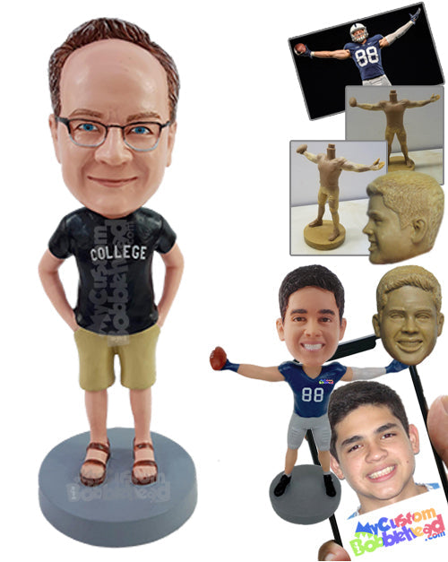 Happy Man Wearing His School Shirt, Shorts, and Nice Sandals with Both Hands in Pockets Personalized Bobblehead